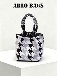 Houndstooth Woven Fabric Handbag With Woven Handle And Metal Ring Buckle Design, Vintage Commuter Style Bag, Suitable For Daily Commute, Shopping, Travel And Outings, Elegant And Fashionable Horizontal Handbag - Black and White - View 1