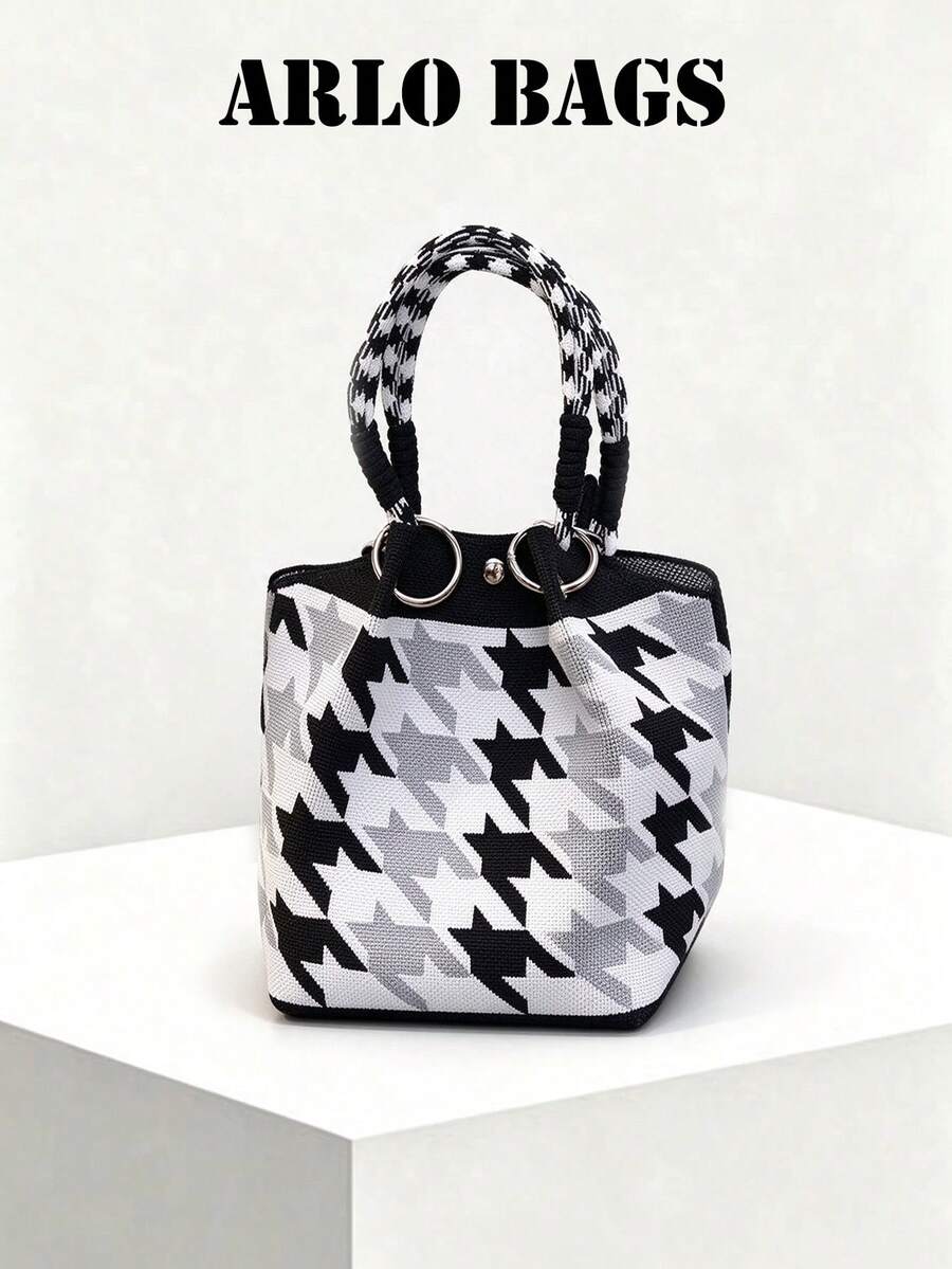 Houndstooth Woven Fabric Handbag With Woven Handle And Metal Ring Buckle Design, Vintage Commuter Style Bag, Suitable For Daily Commute, Shopping, Travel And Outings, Elegant And Fashionable Horizontal Handbag - Black and White - View 1