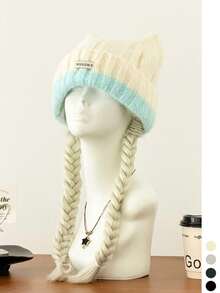 1pc Adorable Cat Ear Colorblock Knitted Beanie Hat For Women, Warm And Versatile, Face-Slimming Woolen Headwear For Autumn/Winter - Color-block Turned-edge Cat Ears - View 13