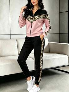 Spring Autumn Winter New Fashion Colorblock Leopard Print Lapel Long Sleeve Top And Pants 2 Pieces Set, Autumn Fashion Targetfinds Winter Clothing - Pink+Black - View 6