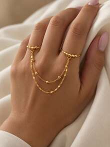 1pc Multi-Layer Chain Double Finger Connected Ring, Gold Bead Decorated Exquisite Double Finger Linked Chain Ring, Daily Casual Party Wear Accessory - Rhinestones - View 4