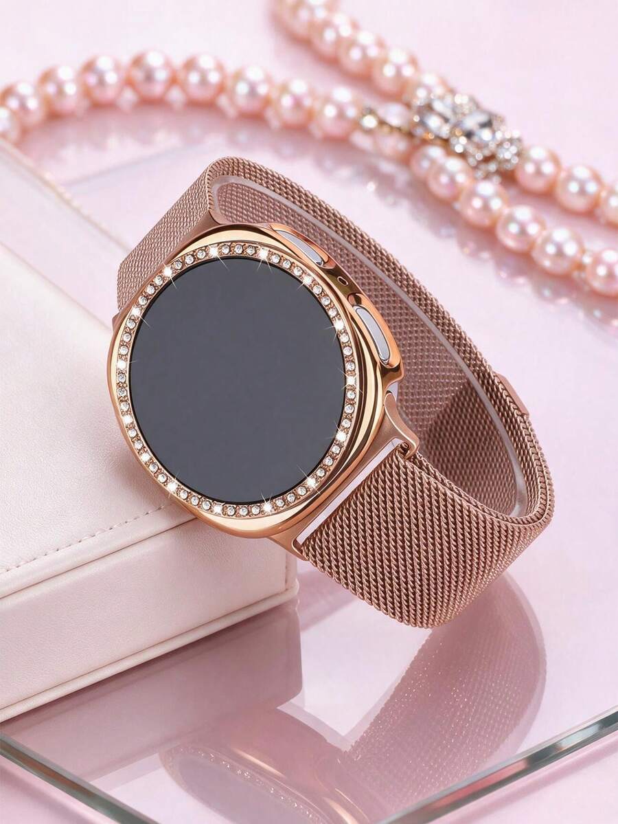Loop 磁吸米蘭式錶帶 + 鑲鑽錶殼,相容 Galaxy Watch9/8 40mm 44mm 機型,柔軟透氣貼合可調節金屬網狀錶帶,時尚奢華防摔硬 PC 錶殼,適合 Galaxy Watch 女性休閒運動商務派對錶帶與錶殼套裝,易佩戴、舒適耐用 - 米蘭錶帶+鑲鑽錶殼-玫瑰金 - 查看 1
