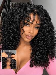 UNice Fluffy Curly Wig With Pre-Cut Bangs, Glue-Free 2*4 Lace, Natural Black, 100% Human Hair, With Drawstring, Pre-Cut Pre-Plucked, Bleached Roots, Ready-To-Wear, Suitable For Beginner Women, 150% Density - Natural Black - View 4