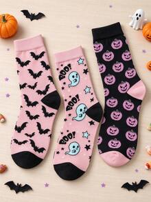 3 Pairs Women's Mid-Calf Socks Sweet Cool Pink Halloween Socks Ghost Bat Pumpkin Fun Socks Holiday Party Casual Daily Gift Socks - Multicolor - View 1