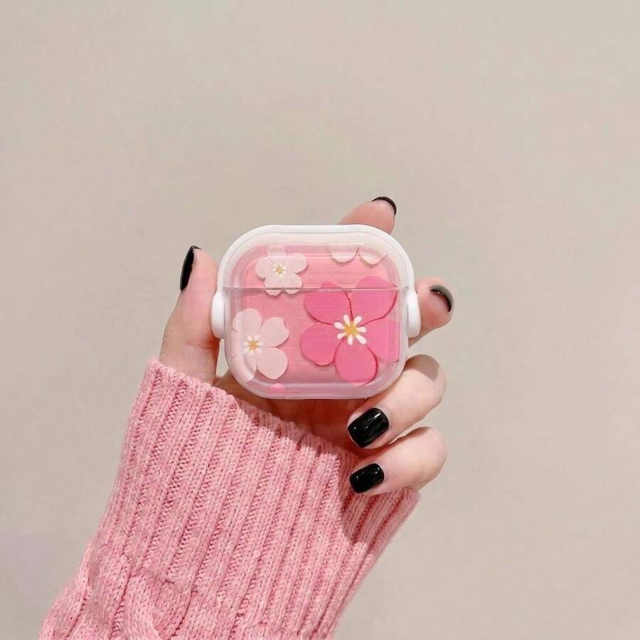 Minimalist Pink Flower Bluetooth Earphone Protective Case Compatible With Airpods 1/2/3/4/New 5th Gen Pro 1/2/3/4 All Models With Pendant - Clear - View 1
