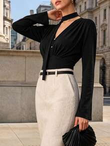 Women Fall Elegant Black Choker Tie Long Sleeve V-Neck Gathered Waist Slim Fit Crop Top, Christmas Social Gathering Basic Blouse - Black - View 6