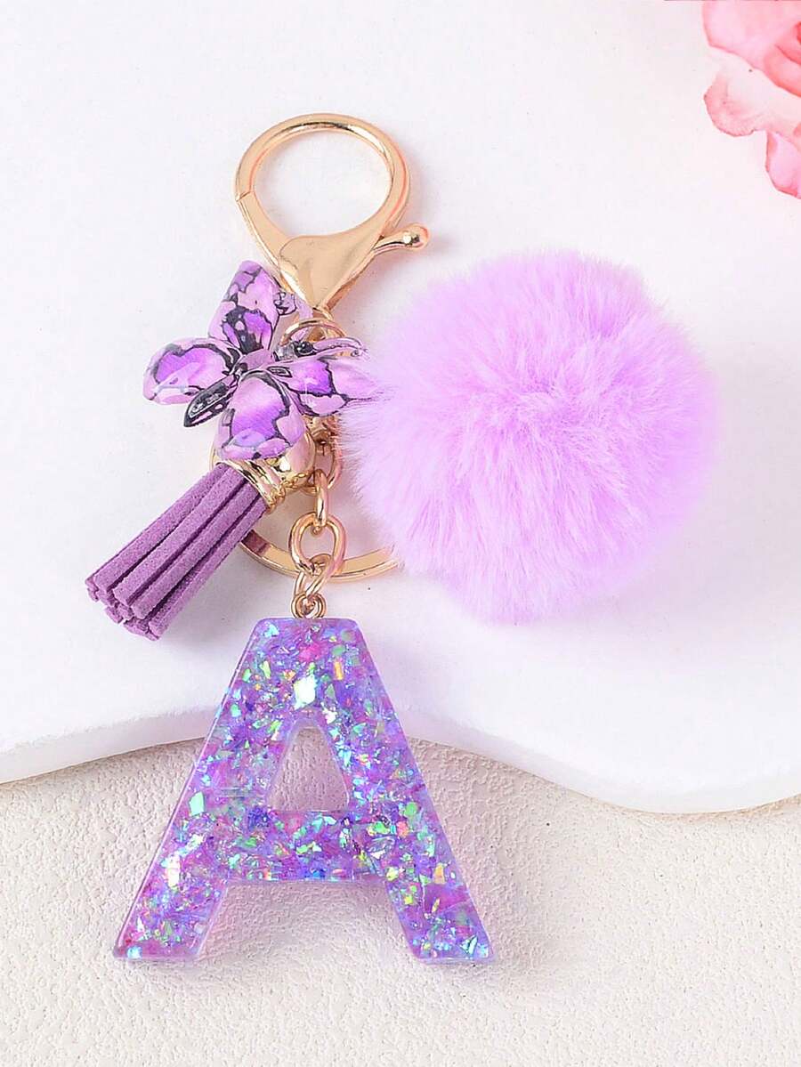 1 buah Gantungan Kunci Huruf dengan Rumbai Bola Bulu Ungu Lucu dan Liontin Gantungan Kunci Kupu-kupu, Cocok untuk Anak Perempuan, Digunakan untuk Tas Wanita, Dompet, Dekorasi Gantungan Kunci Mobil, Hadiah untuk Pacar