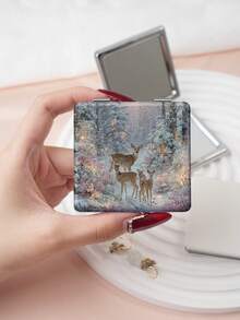 1PC Ins Series Portable Vanity Mirror, Foldable Lightweight Ultra-Thin Convenient Hand Mirror, PU Leather, Suitable For Multiple Scenarios And All People, Foldable Small Square Mirror, Pocket Mirror, Modern Style Snowy Landscape Puppy And Deer Printed Pattern Design, Exquisite Handheld 180° Flip Cover Multi-Function Mini Mirror - Multicolor - View 6