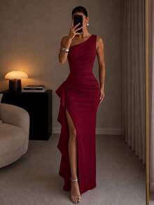 ADYCE Elegant One-Shoulder High-Waist Ruffle High-Slit Floor-Length Party Dress, Suitable For Prom, Birthday Party, Evening Date, Homecoming, New Year - Burgundy - View 5