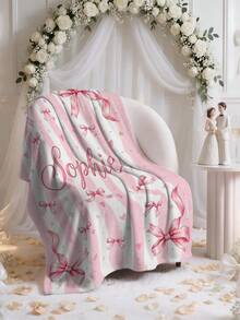 1pc Customized Soft Plush Blanket, Customizable Name, Pink Striped Heart Bow Print Design, Personalized Name Blanket, Personalized Gift For Family, Customized Commemorative Gift For Wife And Husband, Very Suitable For Home Use Warm Blanket, Customized Plush Blanket For Wife On Valentine's Day - Multicolor - View 7