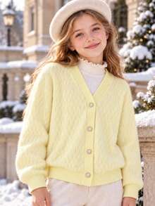 Autumn/Winter Girls' Fashion Sweet Casual Pearl Button Knit Faux Fur Cardigan Long Sleeve Jacket Top - Yellow - View 1