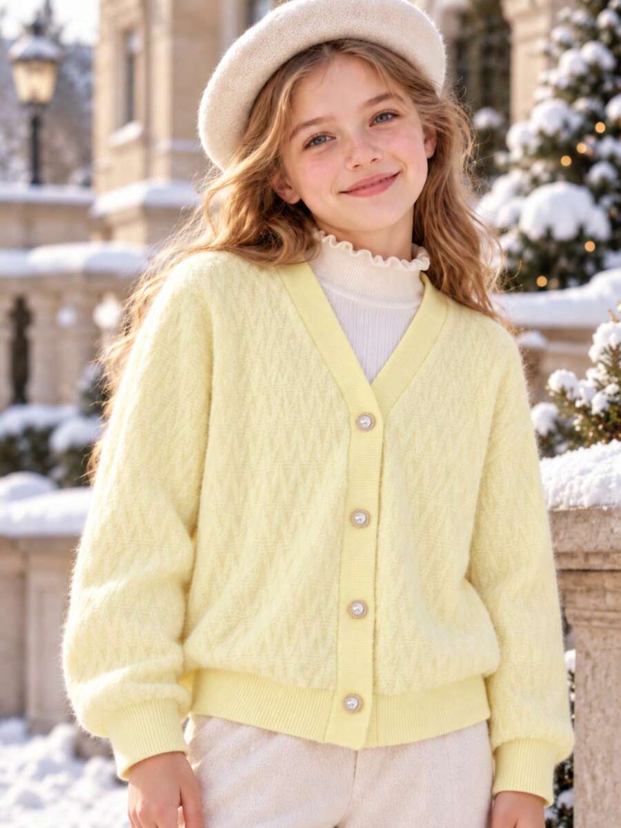 Autumn/Winter Girls' Fashion Sweet Casual Pearl Button Knit Faux Fur Cardigan Long Sleeve Jacket Top - Yellow - View 1