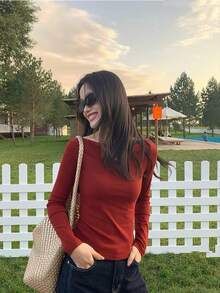 Women's Fitted Boat Neck Long Sleeve Knit Casual Elegant Base Layer T-Shirt Top - Vintage Red - View 2
