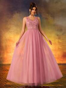Vestido de dama de honor formal de malla con parches y lentejuelas para primavera - Rubor - Ver 5