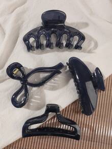 4pcs Set Premium Navy Blue Semi-Circle Fish Tail Pumpkin Bow Hollow Out Large Hair Claw Clip Minimalist Commute Back Head Hair Accessory - Navy Blue - View 2