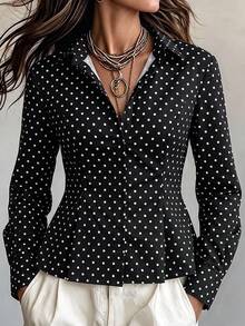 Unadoll Women's Autumn Black Polka Dot Ruffle Trim Blouse, Elegant Long Sleeve Slim Fit Shirt, Fashionable For Commuting, Office And Back To School - Black - View 1