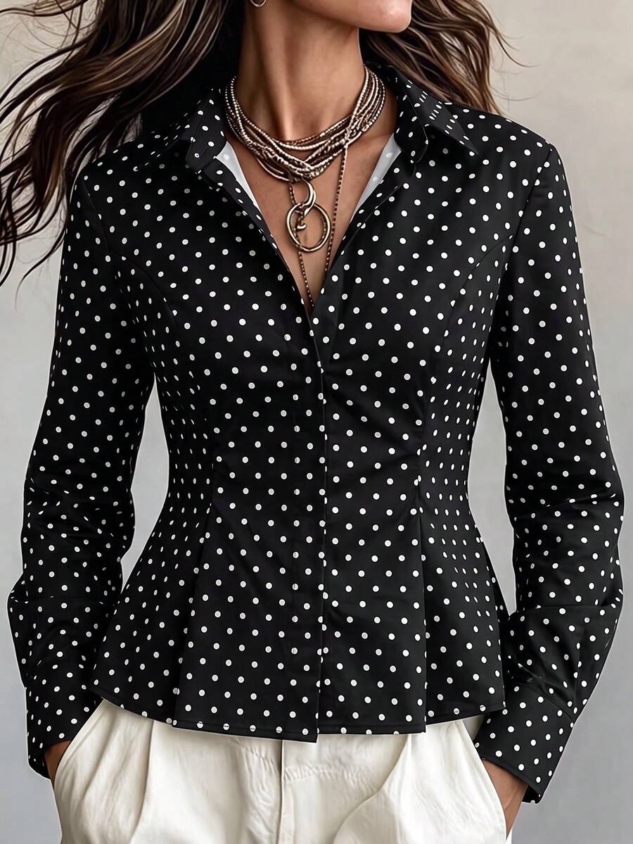 Unadoll Women's Autumn Black Polka Dot Ruffle Trim Blouse, Elegant Long Sleeve Slim Fit Shirt, Fashionable For Commuting, Office And Back To School - Black - View 1
