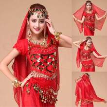 1pc Belly Dance Head Veil, Dance Performance Costume Scarf With Gold Trim And Coin Charms - Multicolor - View 2