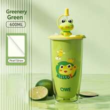 QWE AS Material Straw Water Bottle 600ML Cartoon 3D Figurine Straw Lid Portable Milk Tea Cup - Green - View 4
