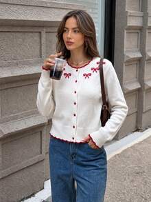 Vuslat Women's Autumn/Winter Sweet Bow Knitted Cardigan, Short Lace Collar Sweater Jacket, Preppy Style For Christmas Party, Commuting - White - View 4
