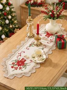 ABEST6522 Home&Living store 1pc Christmas Candle And Poinsettia Embroidered Table Runner, Hollow Carved Design, Vintage Christmas Table Decor, Suitable For Dinner Party, Family Gathering, Home Holiday Decoration - Multicolor - View 9