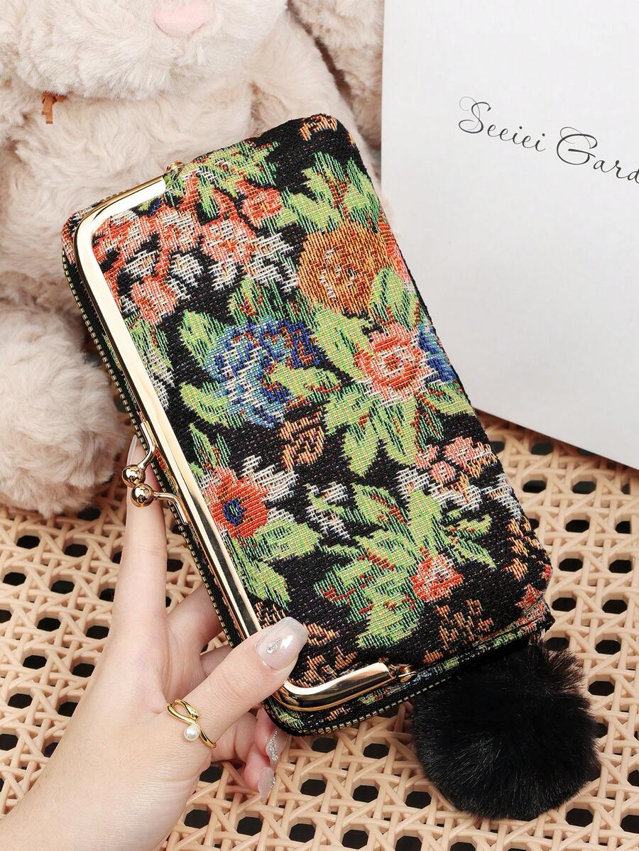 Fashion Printed Long Wallet With A Pom-Pom Charm, Equipped With A Credit Card Holder And A Mobile Wallet For Women, Suitable For Outdoor Use