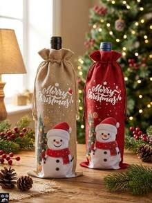 2/1pc Christmas Wine Bottle Bag With Snowman Print, Faux Linen Drawstring Wine Gift Bags For Holiday Dinner Table Decor And Festive Party Gift Wrapping - Multicolor - View 10