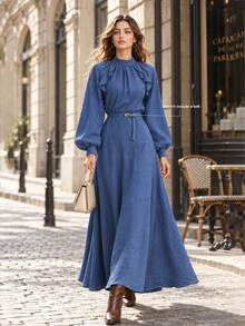 Fog Blue Ruffle Trim Elegant Women's 2 Pieces Set, Autumn Vintage Commute Vacation Full Skirt Outfit For Women - Teal Blue - View 5