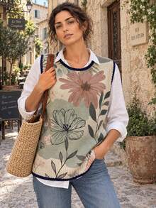 New Women's Vacation Outfit Fashionable Trimmed Pullover Vest, Unique Floral Print Pattern, Autumn And Winter Style, Daily Outing Outfit - Green - View 2