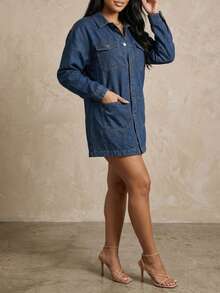 Women's Long Sleeve Single-Breasted Casual Pocket Long Denim Jacket - Blue - View 3
