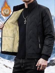 Men's Stand Collar Thermal Lined Thick Padded Coat, Solid Color Versatile Outerwear For Autumn/Winter - Black - View 5
