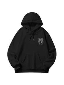 Women's Hooded Sweatshirt, Autumn/Winter New Wing Pattern & Letter Print, Drawstring Design, With Pockets, Casual Versatile Loose Fit Top, Fashionable Daily Wear - Black - View 3