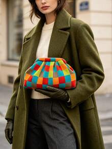 Fashionable New Pleated Plaid Cloud Clasp Clutch Bag, Large Capacity Makeup Bag, Lightweight Foldable Suitable For Daily Work, Makeup, Party, Vacation, Holiday Gift - Multicolor - View 11