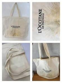Vintage Gold Sun Print Canvas Tote Bag, Large Capacity Portable Shoulder Handbag, Reusable Shopping Bag, Cosmetic Storage Bag, Daily Commute Travel Gift, L'Occitane Canvas Tote Bag - White - View 3