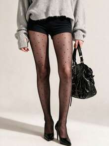 1 Pair Of Black Polka Dot Pantyhose For Ladies, Suitable For Daily Wear - Black - View 3