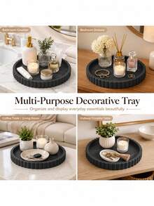 Round Bathroom Counter Tray, Black Marble Look Silicone Organizer For Toiletries And Skincare - Multicolor - View 7