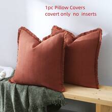 1pc Caramel Rust Brown Chenille Lumbar Pillow Case 20X20 Inch, Herringbone Texture Tassel Edge Long Pillow Cover, Sofa Bedroom Bed Head Decor Pillow Case, Pillow Insert Not Included - Orange - View 3