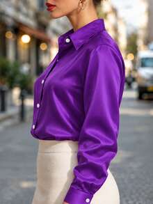 Plus Size Women's Fashion New Arrival Casual Satin Button-Up Shirt Spring - Purple - View 3