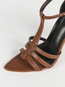 Women's Brown T-Strap Pointed Toe Stiletto Heel Sandals, Hollow Out Buckle Ankle Strap Sexy Roman Style Party High Heels - Brown - View 3