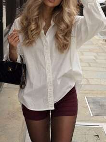 Women's Polyester Shirt Collar Top, Long Dolman Sleeve, Classic White Button Detail, Suitable For Casual Wear - White - View 1