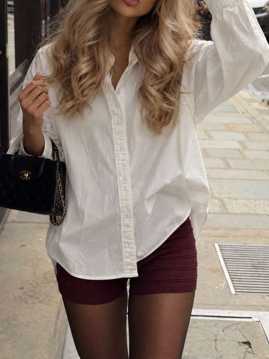 Women's Polyester Shirt Collar Top, Long Dolman Sleeve, Classic White Button Detail, Suitable For Casual Wear - White - View 1