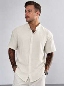 GloMan Men's White Linen Stand Collar Button Short Sleeve Shirt, Breathable For Summer/Autumn, Suitable For Vacation Beach, Business, Office Commute, Gift For Father/Husband - Apricot - View 1