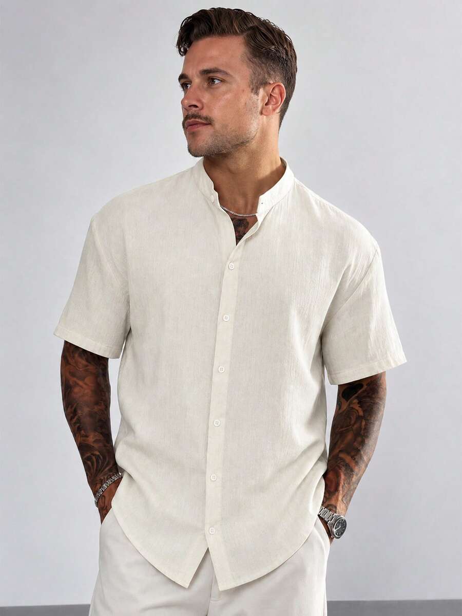 GloMan Men's White Linen Stand Collar Button Short Sleeve Shirt, Breathable For Summer/Autumn, Suitable For Vacation Beach, Business, Office Commute, Gift For Father/Husband - Apricot - View 1