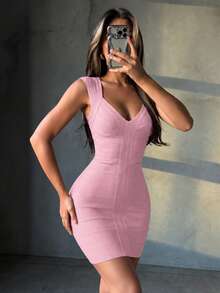 Women's V-Neck Short Fitted Ribbed Wrap Dress, Sexy Elegant Pink Cocktail Party Dress For Summer Wedding Spring Fall - Pink - View 1