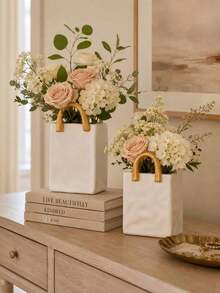 Handbag Vase, Single White Resin Decorative Vase With Metal Gold Handle, Elegant Women's Desktop Centerpiece Decoration For Roses, Dried Flowers And Greenery, Living Room, Vanity And Entryway Decor - 1PC - View 1