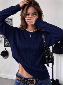 Women's Navy Blue Cable Knit Long Sleeve Pullover Sweater, Autumn/Winter Warm Lining Regular Fit Top - Navy Blue - View 4