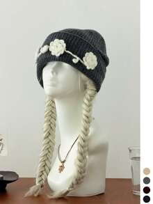 Handmade Crochet Beanie With 3D Flower, Floral Knit Winter Hat For Women, Warm Ear-Covering Hat, Face-Slimming Design, Atmosphere Style - Multicolor - View 11