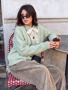 Women's Sweet Style Lace Bow Knitted Cardigan, Fashion Button Sweater Jacket, Suitable For Autumn/Winter Halloween Thanksgiving Christmas - Green - View 5
