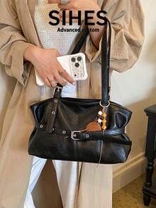 1pc Solid Color PU Leather New Women's Bag, Shoulder Bag, Fashionable Versatile Square Handbag, Baguette Bag, Zipper Closure, Dual Handles, Suitable For Commuting, Shopping, Dating - Black - View 4