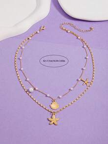 1pc/Set Summer Fresh Faux Pearl Necklace With Charms, Fashion Ocean Life Pendant Jewelry Set Suitable For Women Daily/Vacation WearLength Adjustable - Multicolor - View 5